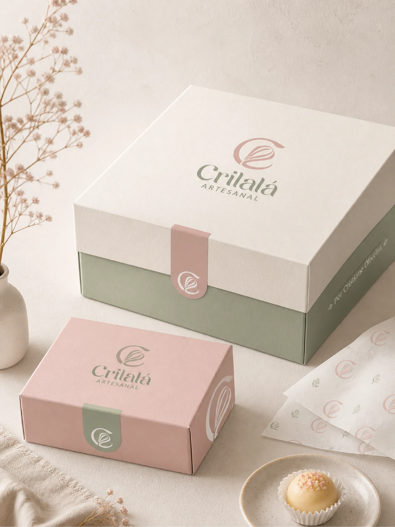 Caixas de confeitaria Crilalá Artesanal em creme, sálvia e rosa antigo.