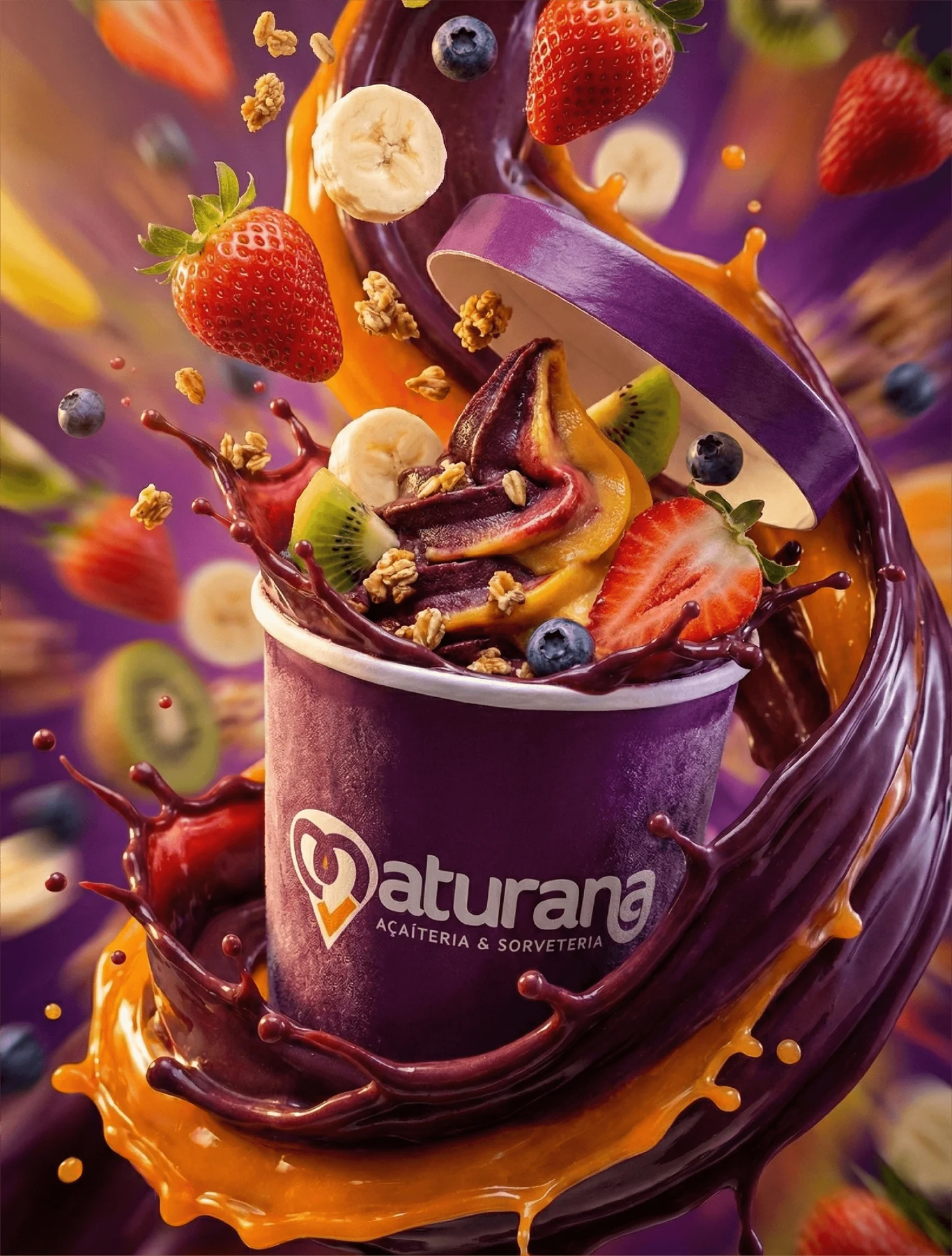 Composição de embalagem Maturana com açaí, frutas e movimentos em roxo e laranja.