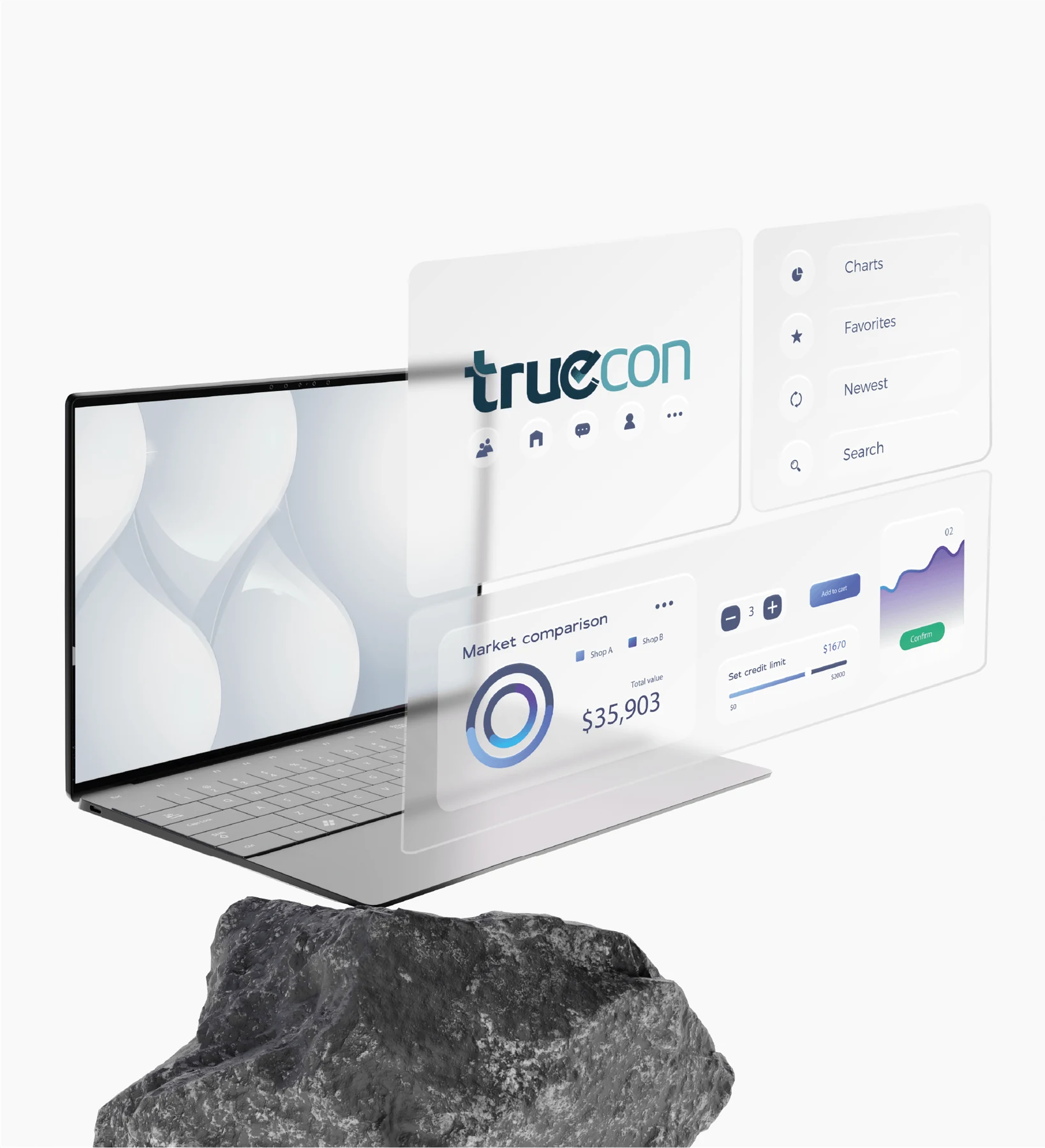 Aplicação da identidade Truecon em composição de telas digitais.